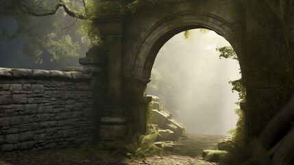 Sunlit Archway In A Misty Forest With Vines And Moss-Covered Stone Walls