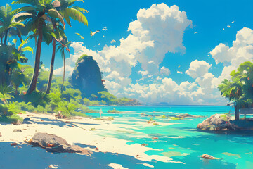 Beach with palm trees and sea. Tropical island with palm trees, ocean and blue sky. Summer vibes. Ideal tropical life picture for travel poster, card, wallpaper.