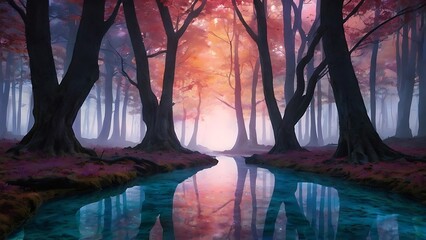 Naklejka premium Beautiful fantasy landscape of forest with long trees purple, orange, pink and blue themed over a river
