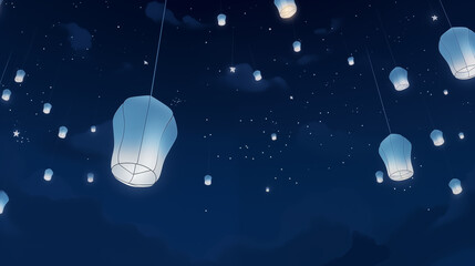 Floating Sky Lanterns Under A Starry Night Sky