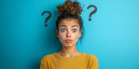 Confused Young Woman with Question Marks on Blue Background