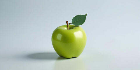 A green apple with a leaf, on a white background