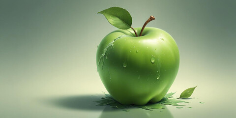 A green apple with a leaf, on a white background