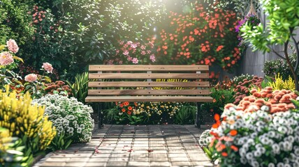 Wooden bench in lush, colorful garden with various flowers under sunlight