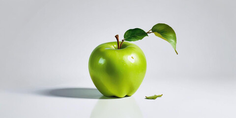 A green apple with a leaf, on a white background