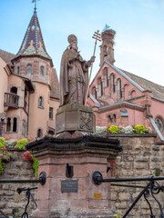 Eguisheim, France - 09-09-2023 : Saint-Léon IX foutain and statue