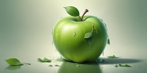A green apple with a leaf, on a white background