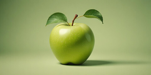 A green apple with a leaf, on a white background