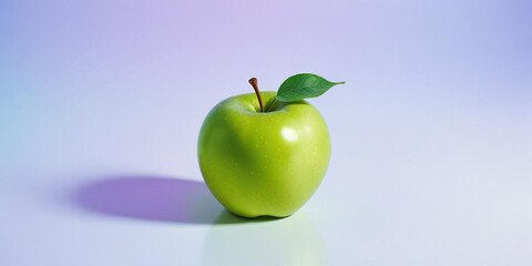 A green apple with a leaf, on a white background