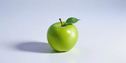 A green apple with a leaf, on a white background