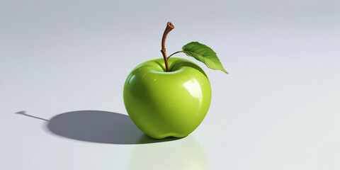 A green apple with a leaf, on a white background