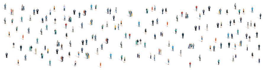illustration vectorielle panoramique représentant un grand groupe de personnages sur fond blanc. Une foule de gens, la population d'un pays. Des femmes, des enfants et des hommes d'affaires.