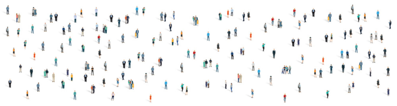 illustration vectorielle panoramique repr&eacute;sentant un grand groupe de personnages sur fond blanc. Une foule de gens, la population d'un pays. Des femmes, des enfants et des hommes d'affaires.