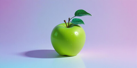 A green apple with a leaf, on a white background