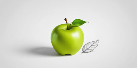 A green apple with a leaf, on a white background