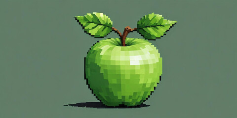 A green apple with a leaf, on a white background