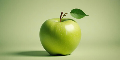 A green apple with a leaf, on a white background