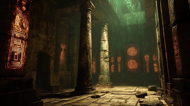 A mysterious, ancient hall with tall stone pillars and walls covered in intricate glowing carvings. The hall is dimly lit with beams of natural light filtering in through openings above, casting an et