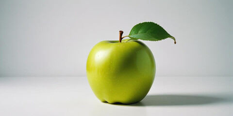 A green apple with a leaf, on a white background