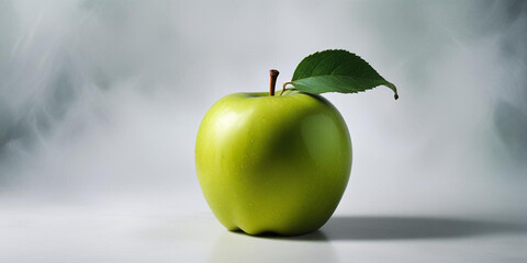 A green apple with a leaf, on a white background