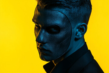 Fashionable Man in Gray Face Mask with Neon Yellow Accents, Modern Portrait, Stylish Background