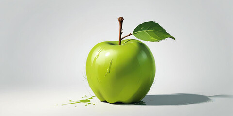 A green apple with a leaf, on a white background