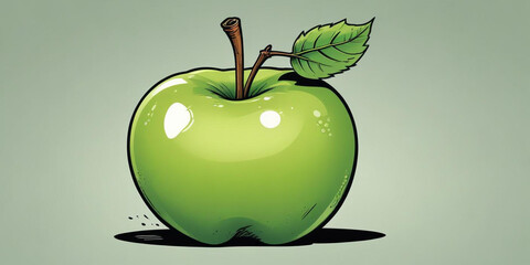 A green apple with a leaf, on a white background