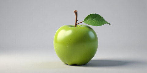 A green apple with a leaf, on a white background 