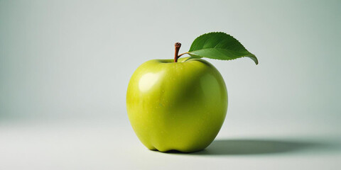 A green apple with a leaf, on a white background 