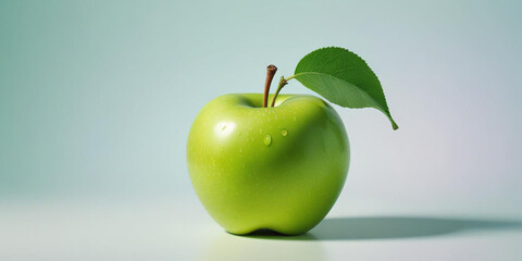 A green apple with a leaf, on a white background 