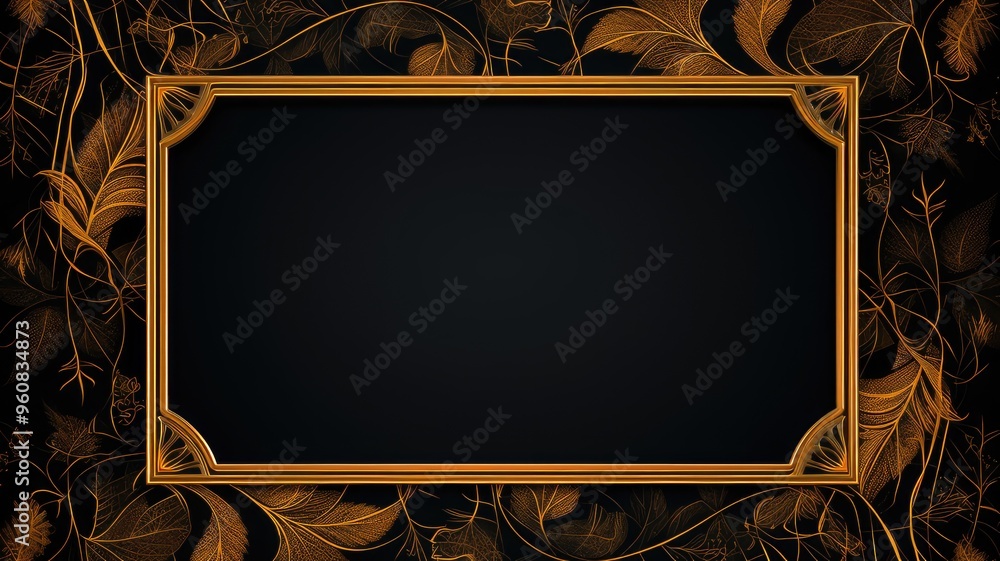 Poster a decorative frame with a dark center, surrounded by intricate golden leaf patterns, suitable for in