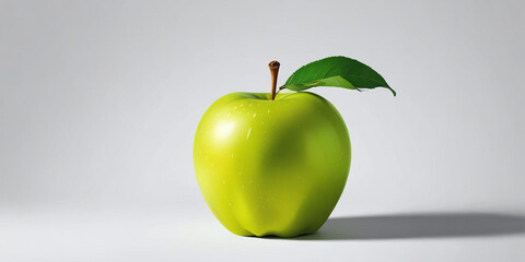 A green apple with a leaf, on a white background 