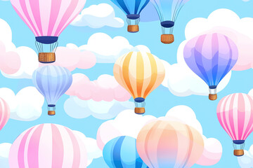 Seamless pattern of vintage hot air balloons in pastel colors, floating among stylized clouds