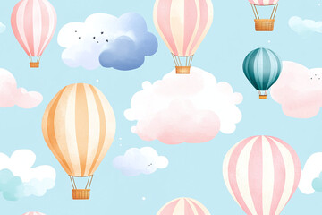 Seamless pattern of vintage hot air balloons in pastel colors, floating among stylized clouds