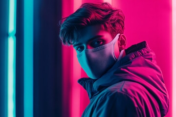 Man with Gray Face Mask and Neon Aqua Accents, Trendsetting Fashion Portrait, Stylish Background