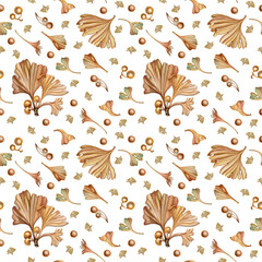 Handcrafted ginkgo leaf seamless tile Autumnal hand painted texture isolated on white. 