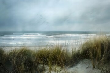 Fog over the river. Abstract ocean painting. Misty seascape art illustration for a poster, music album, book cover, wallpaper.