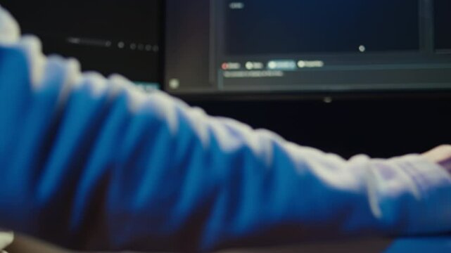 Technician doing software quality assurance, reading source code on PC before implementing it. IT admin inspecting coding on computer, looking to fix potential issues, camera B close up