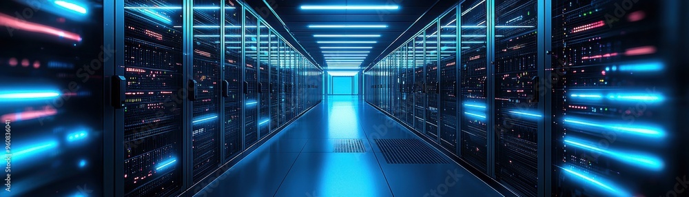 Poster a futuristic data center illuminated with blue lights, showcasing rows of servers in a high-tech env