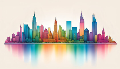 Illustrative color illustration of a cityscape or skyline of a distant city in a graphic style
