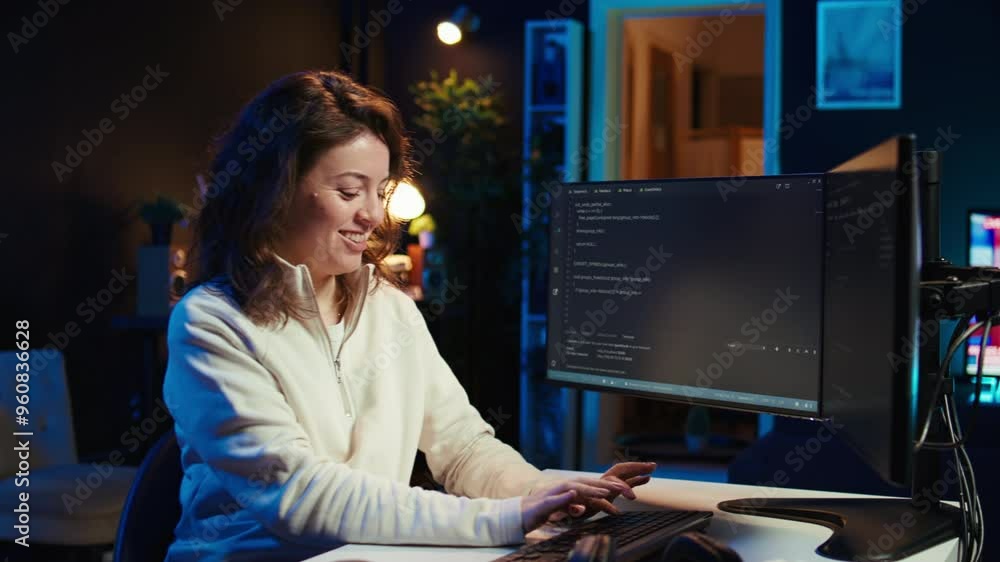 Poster joyous woman doing software quality assurance celebrating after reading source code and finding no e