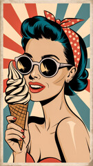 Retro-style postcard illustration featuring a woman from the 1950s enjoying an ice cream cone, wear a polka-dotted red bandana in her hair. wearing vintage-style sunglasses from that era. 