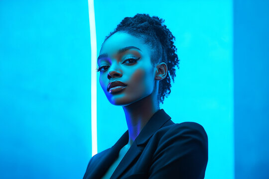 Woman in Charcoal Suit with Solid Neon Blue Accents, Modern Portrait, Trendy Background