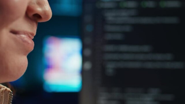 Extreme closer up shot of happy computer engineer satisfied after futureproofing company network from system failures. Smiling IT worker pleased after managing to increase data security, camera B