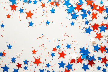 4th of July American Independence Day. Happy Independence Day. Red, blue and white star confetti, paper decorations on white background. Flat lay, top view, copy space, banner