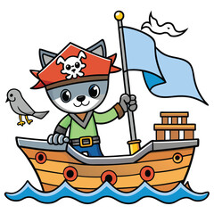Naklejka premium A charming baby cat in a pirate outfit holds a flag while standing confidently on a colorful wooden boat accompanied by a curious bird.
