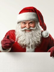 Naklejka premium Smiling Santa Claus pointing at blank advertising banner background with copy space