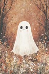 Halloween ghost, cottagecore, boho aesthetic, feminine umber palette, painting, poster, print, trendy cute cozy aesthetic