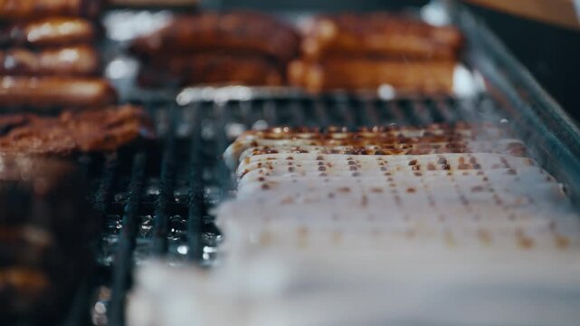 A stack of meat sausages wurst in Germany at Christmas market with a silver foil wrapper on top. The hot dogs are brown and have a lot of sauce on them