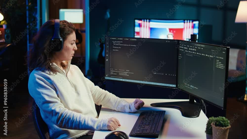 Poster woman listening music while doing software quality assurance, reading source code on computer screen